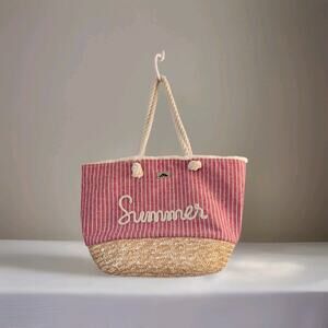 Free Style Beach Canvas Tote Bag Rope Handles Straw Bottom